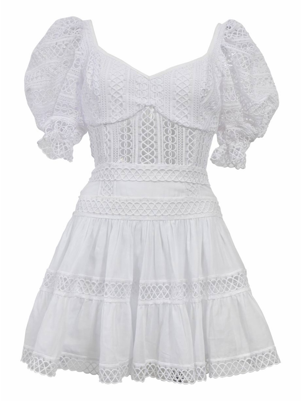 Charo Ruiz White Lace Puff-Sleeve Mini Dress